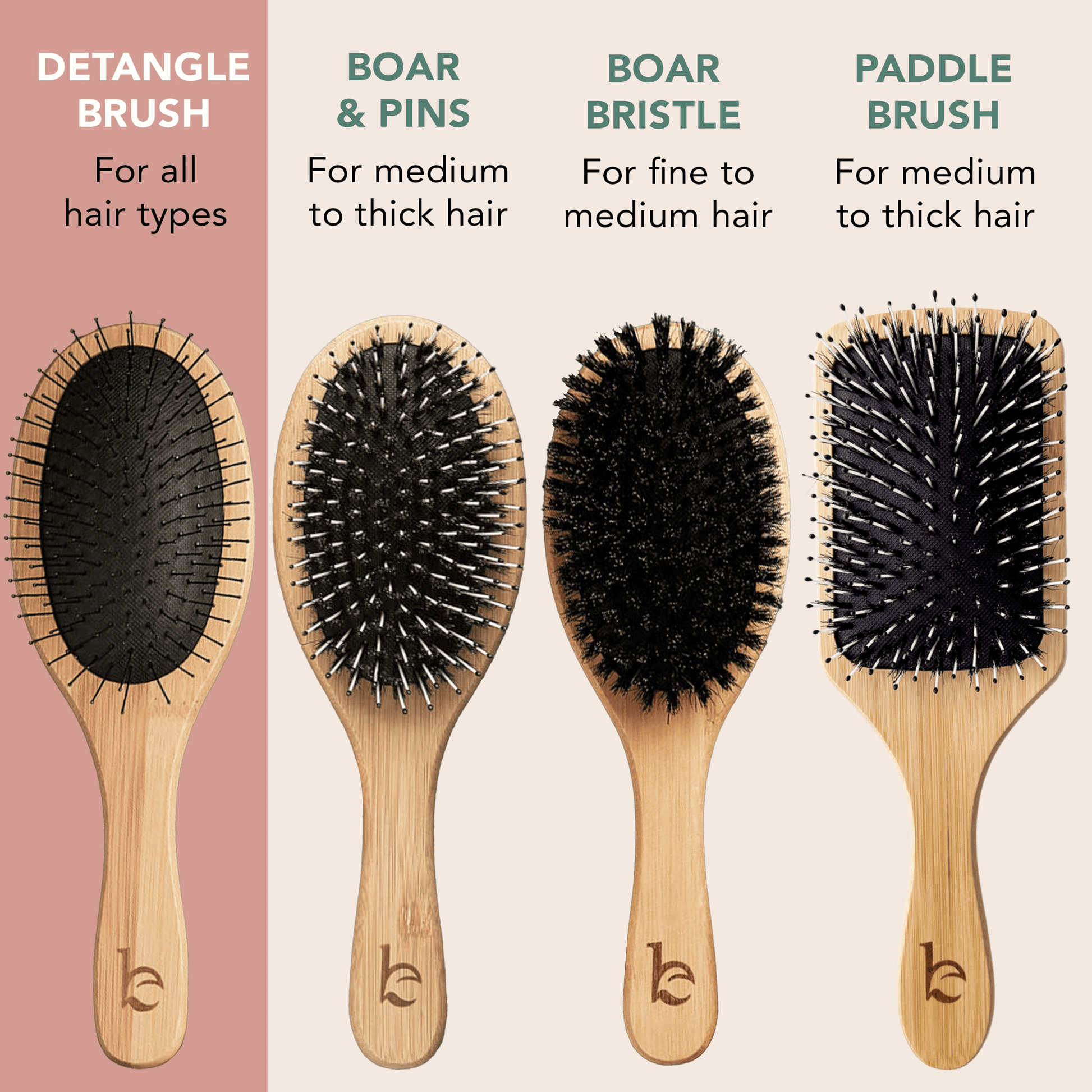 Set of four hairbrushes with different bristle types and handles on a beige background.
