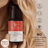 Dry Shampoo & Volume Powder bottle held by a person with blonde hair, featuring brand logo and product details.