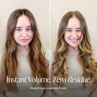 Side-by-side before-and-after photos of a woman with long brown hair, showing a transformation from flat, straight hair to voluminous, defined waves. Text reads: “Instant Volume. Zero Residue. Weightless, invisible finish.