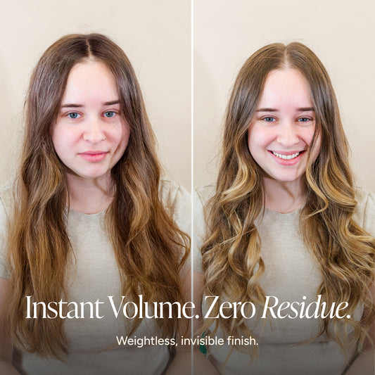 Side-by-side before-and-after photos of a woman with long brown hair, showing a transformation from flat, straight hair to voluminous, defined waves. Text reads: “Instant Volume. Zero Residue. Weightless, invisible finish.