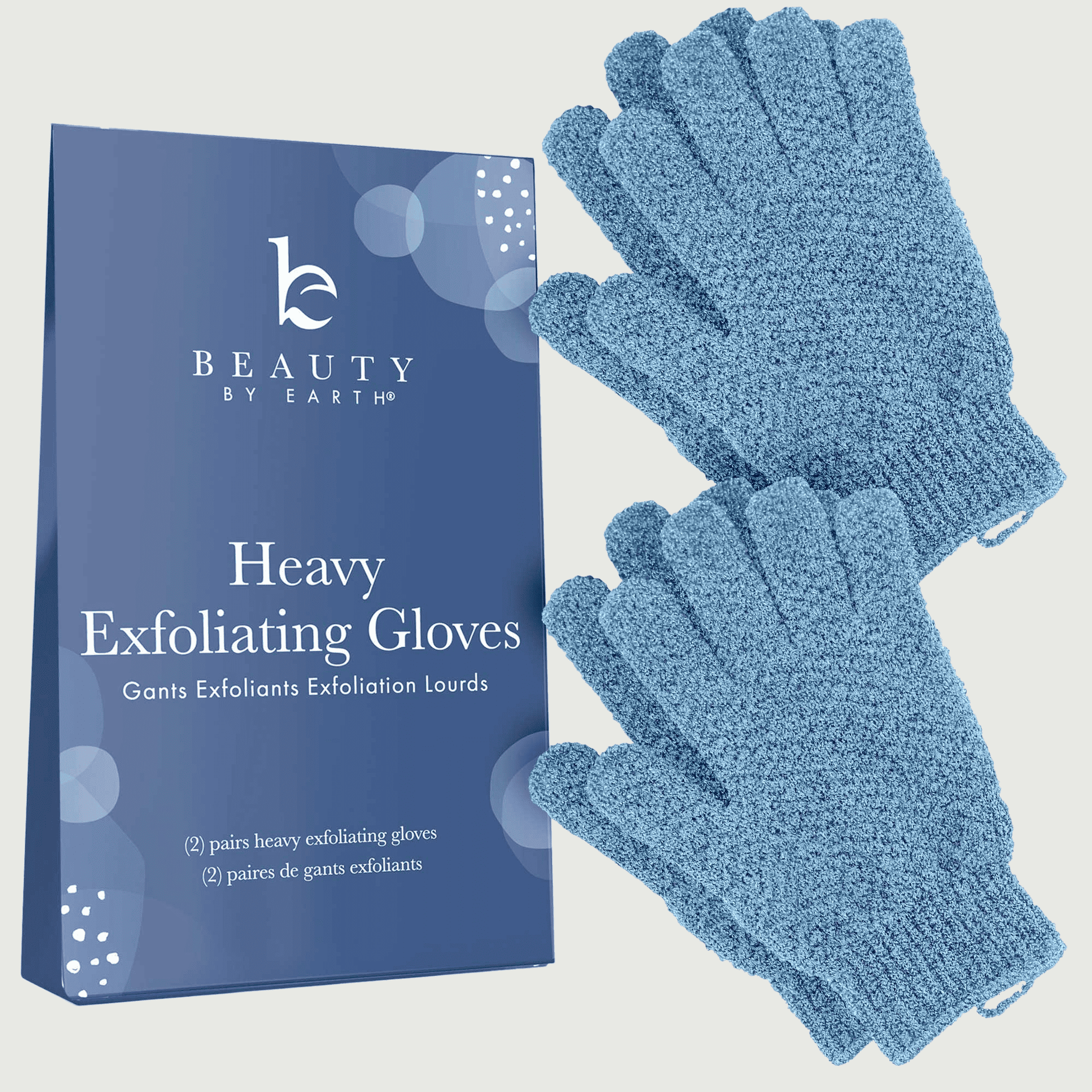 Heavy exfoliating gloves with packaging labeled 'Beauty by Earth' on a light gray background