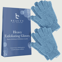 Heavy exfoliating gloves with packaging labeled 'Beauty by Earth' on a light gray background