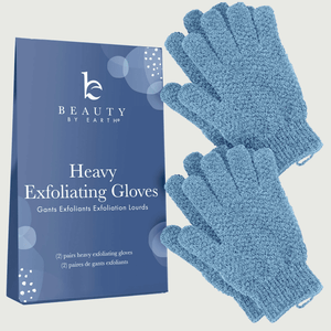 Heavy exfoliating gloves with packaging labeled 'Beauty by Earth' on a light gray background