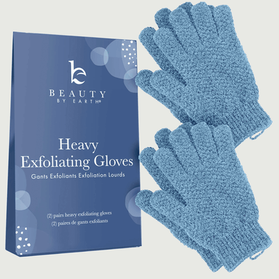 Heavy exfoliating gloves with packaging labeled 'Beauty by Earth' on a light gray background