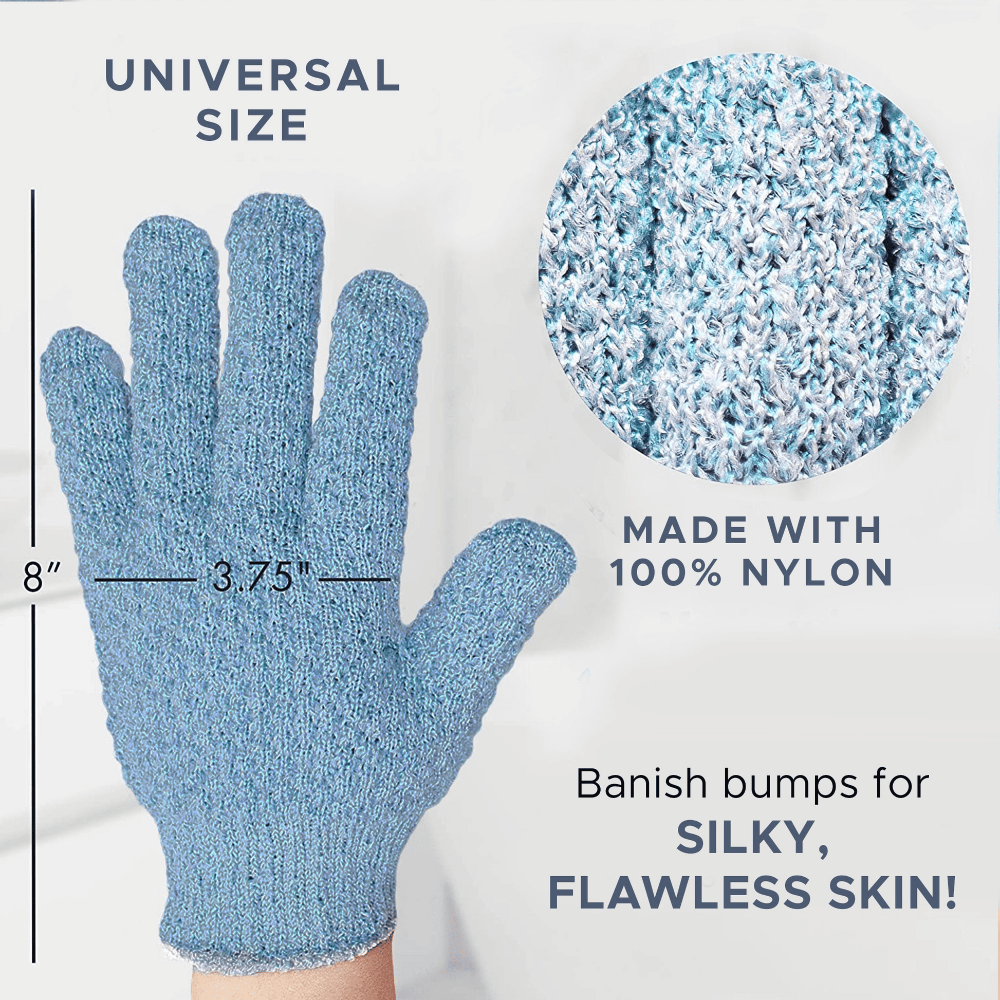 Heavy exfoliating glove with measurements and text about its features on a white background