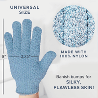 Heavy exfoliating glove with measurements and text about its features on a white background