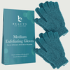Medium exfoliating gloves with packaging labeled 'Beauty by Earth' on a light gray background