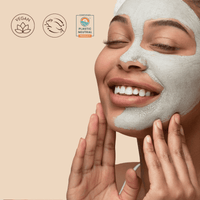 Woman applying clay face mask on face and badges showing vegan, bunny certified and plastic neutral product.