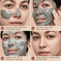 Step-by-step guide on applying a clay facial mask with close-up shots of a woman's face.
