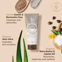 Beauty by Earth clay face mask tube with natural ingredients and benefits on a beige background