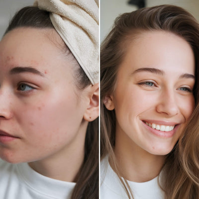 Before and after comparison of a woman's face with acne on the left and clear skin on the right.
