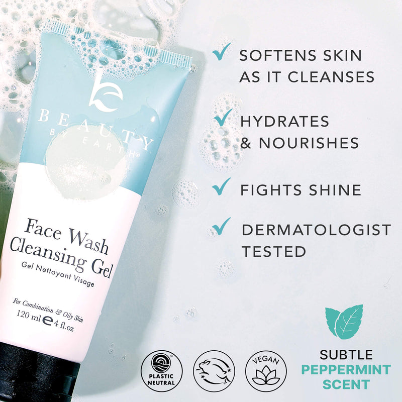 Beauty face wash cleansing gel packaging with product features listed on a white background