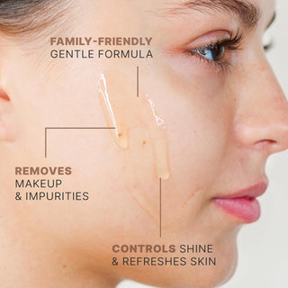 Family-friendly gentle formula, removes makeup and impurities, controls shine and refreshes skin.
