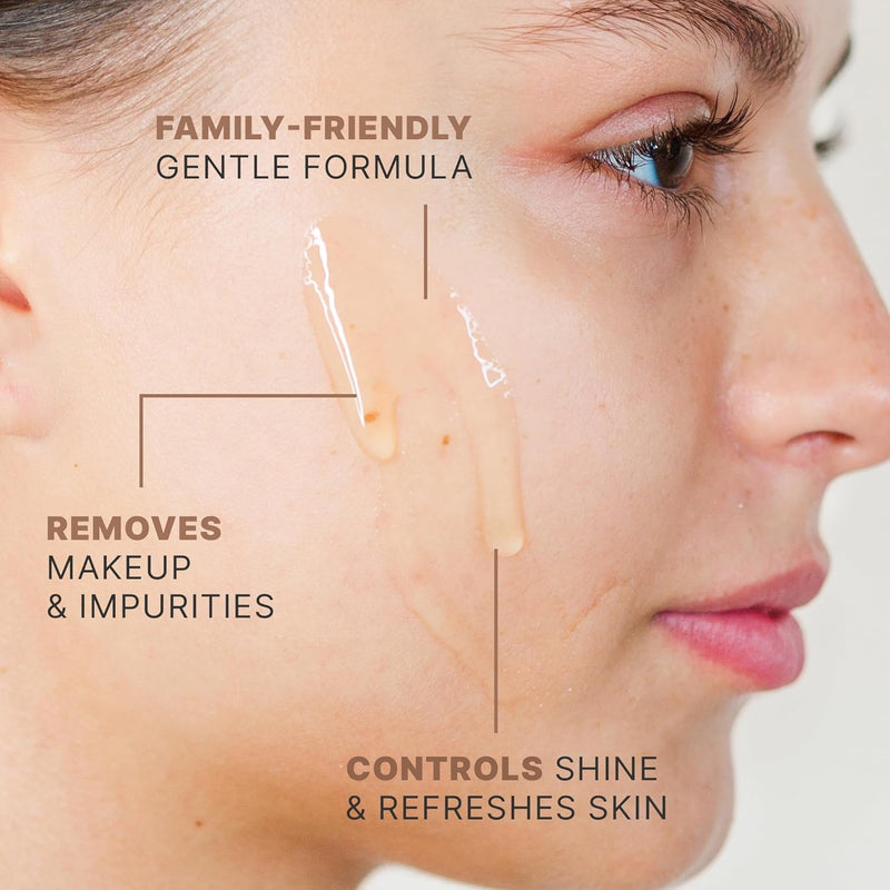 Family-friendly gentle formula, removes makeup and impurities, controls shine and refreshes skin.