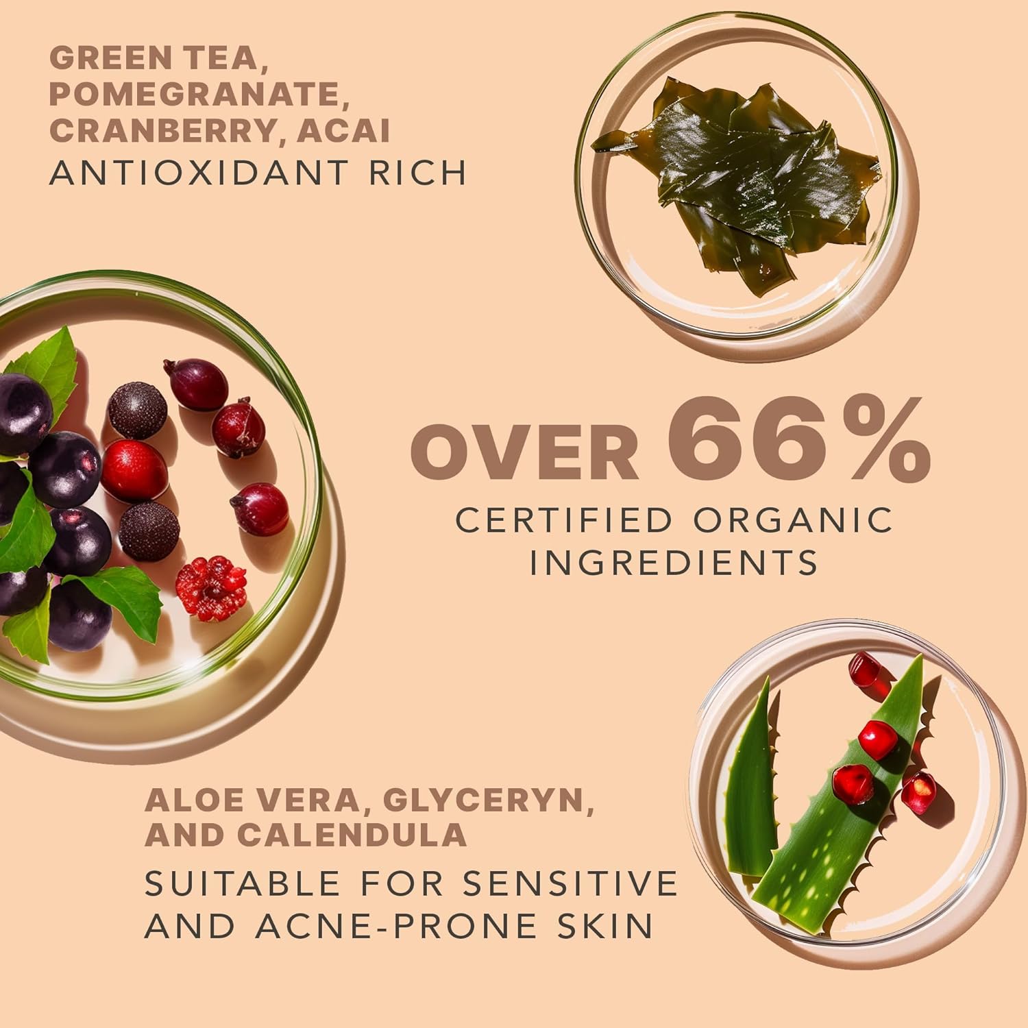 Green tea, pomegranate, cranberry, acai, antioxidant rich. Over 66% certified organic ingredients. Aloe Vera, glycerin and calendula suitable for sensitive and acne-prone skin.