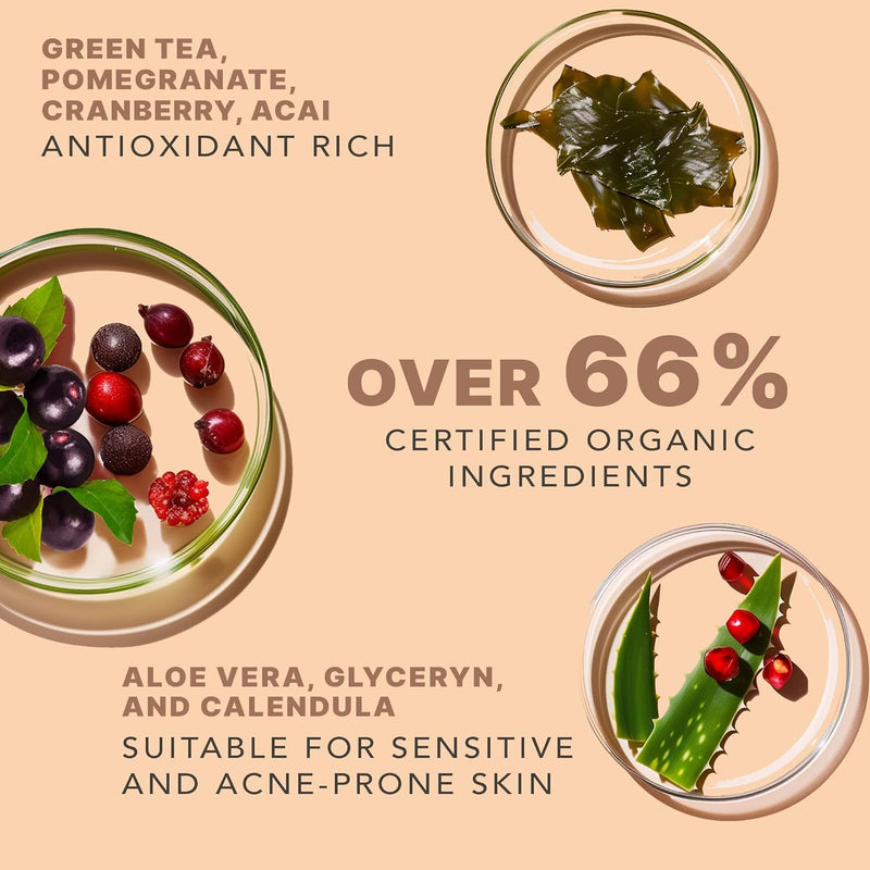 Green tea, pomegranate, cranberry, acai, antioxidant rich. Over 66% certified organic ingredients. Aloe Vera, glycerin and calendula suitable for sensitive and acne-prone skin.