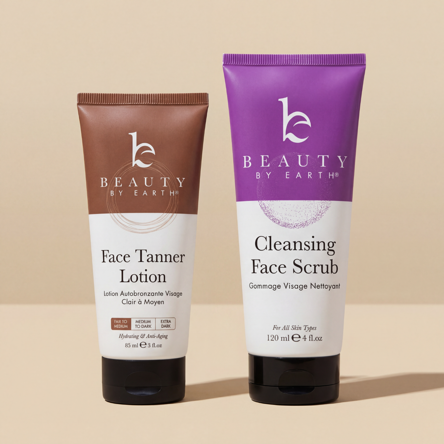 Face Tanner and Cleansing Face Scrub products on a beige background
