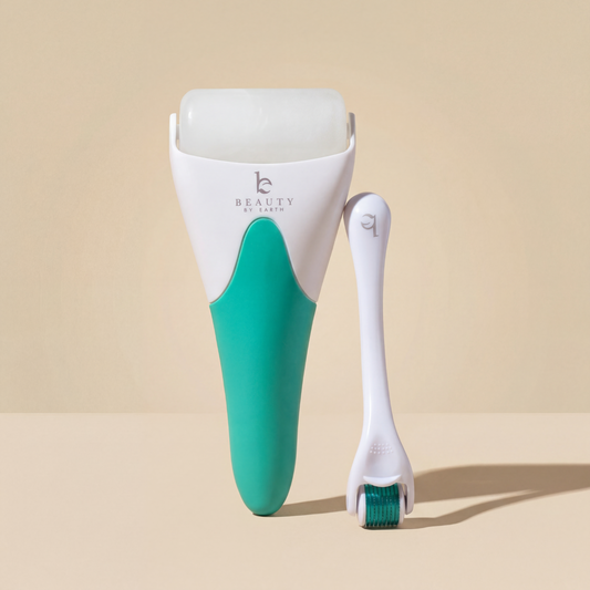 Green and white skin care tool with a container on a beige background