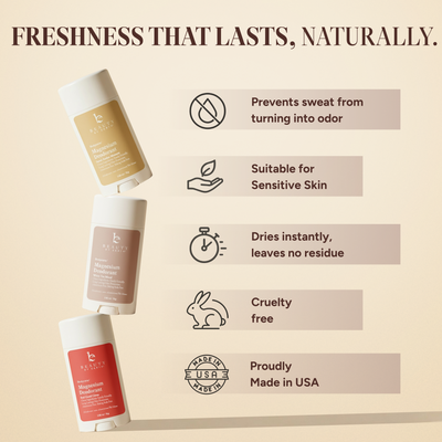Three Beauty by Earth Magnesium Deodorant products with benefits listed on a beige background