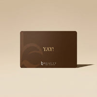 Brown gift card with 'YAY!' text and brand logo on a beige background