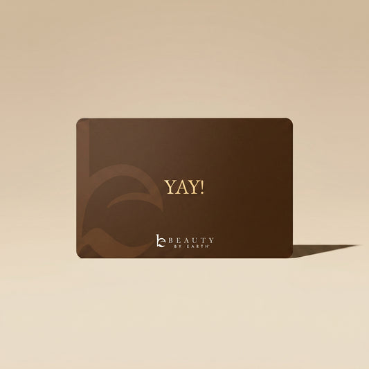 Brown gift card with 'YAY!' text and brand logo on a beige background