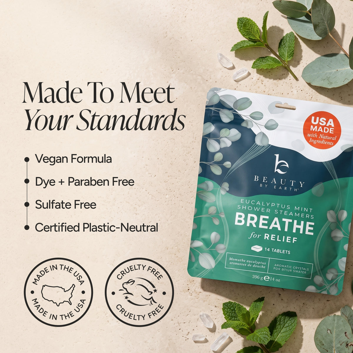 Beauty by Earth Breathe for Relief Eucalyptus Mint Shower Steamer package on a textured beige background with eucalyptus leaves and text highlighting product benefits.