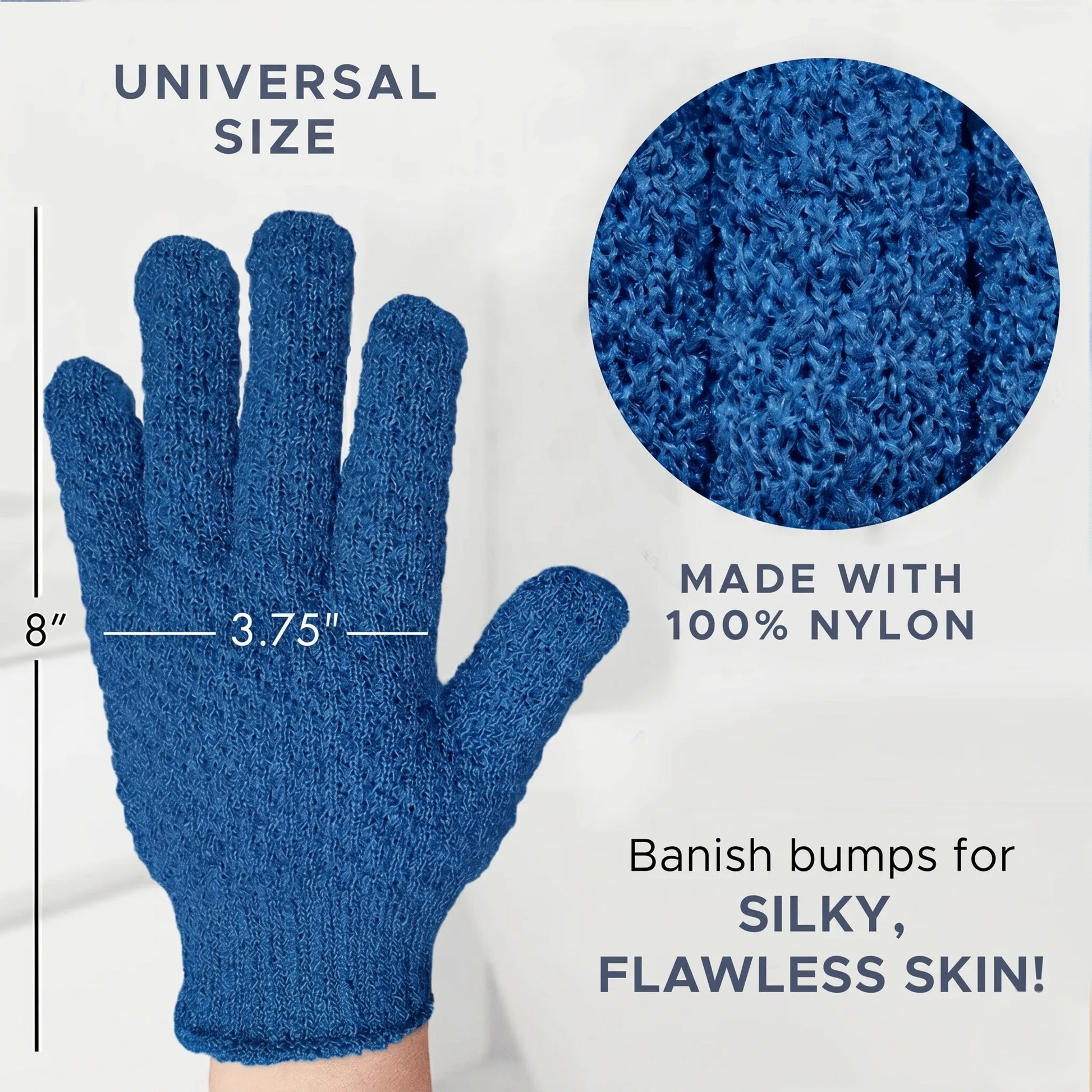 Blue exfoliating glove with measurements and text on a white background