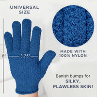 Blue exfoliating glove with measurements and text on a white background