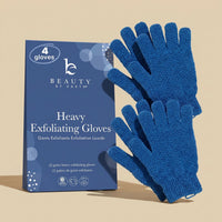 Blue exfoliating gloves with packaging on a beige background
