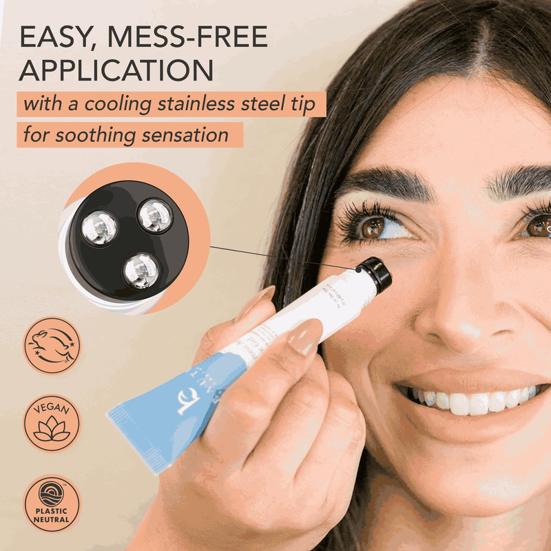 Person applying skincare product with a cooling stainless steel tip, emphasizing easy application and soothing sensation.
