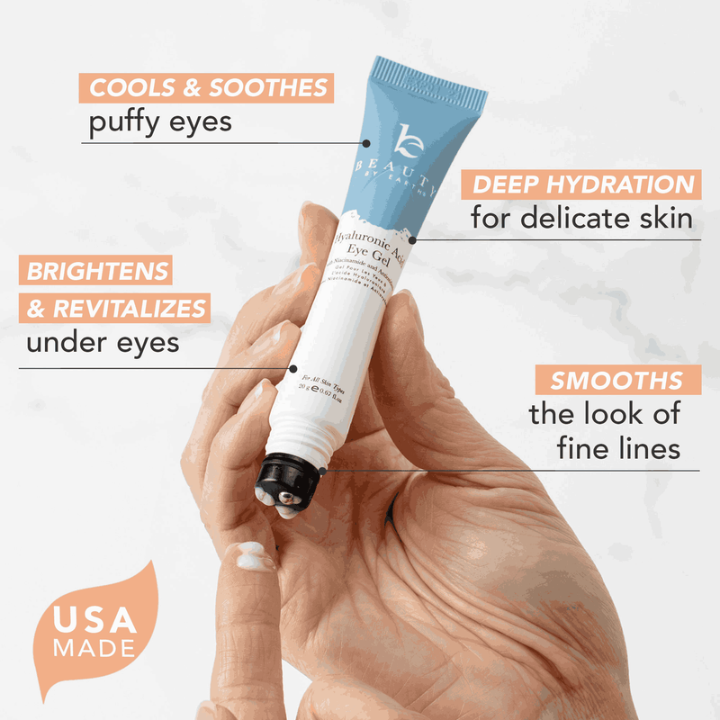 Hand holding a skincare product with text highlighting its benefits on a light background