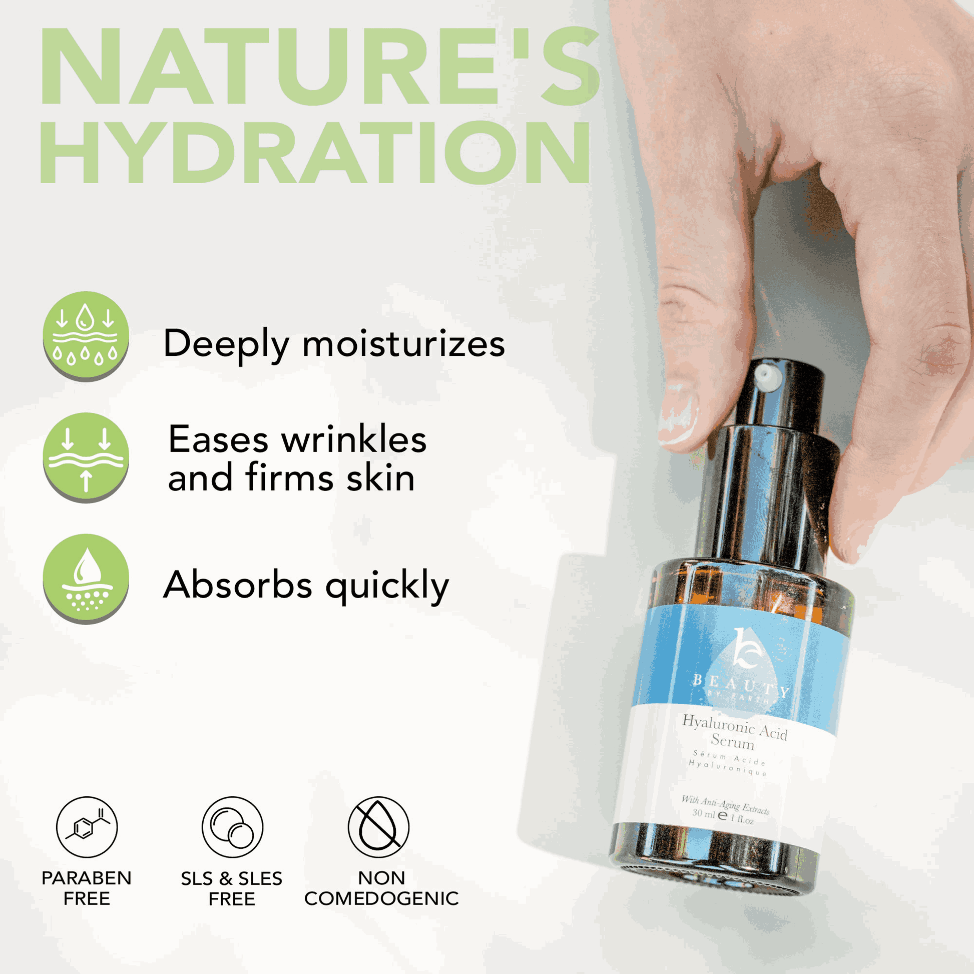 Hand holding a skincare serum bottle with product features listed on a light background