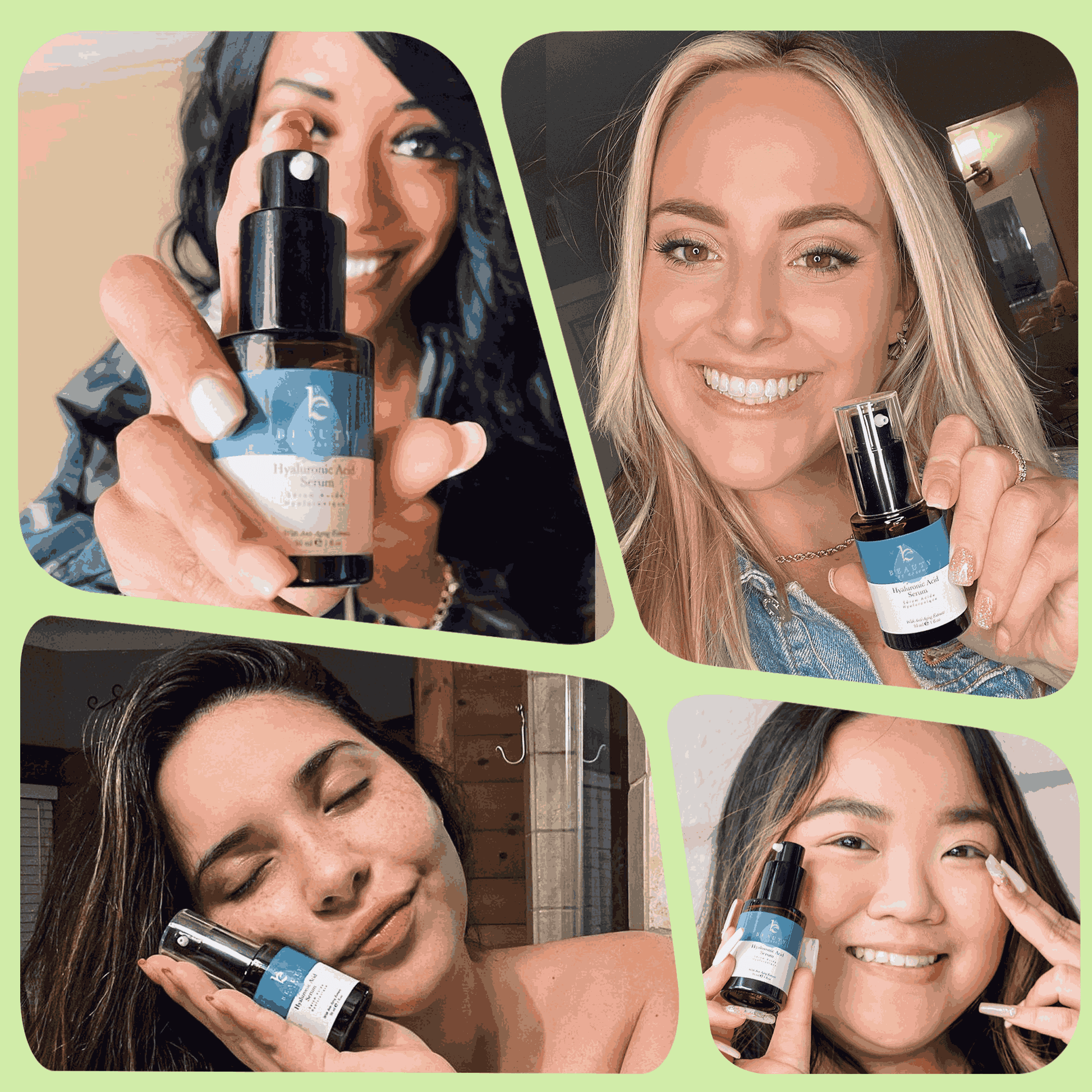 Collage of four women using a skincare product with a green border.
