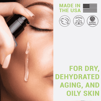 Person applying skincare product with text about product features and skin types.