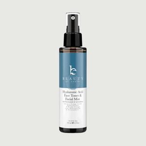 Beauty by Earth hyaluronic acid face toner and facial mist bottle on a light gray background