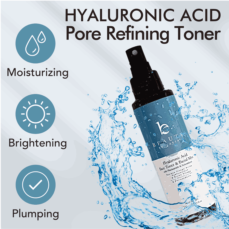 Hyaluronic Acid Pore Refining Toner bottle with water splash on a light gray background