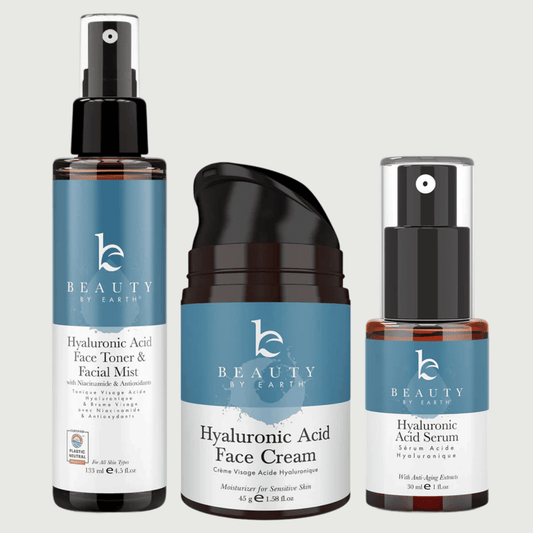 Three skincare products from Beauty by Earth on a light gray background