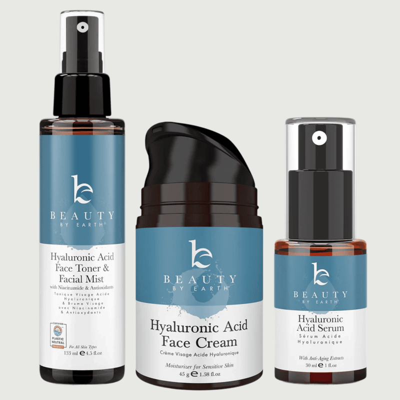 Three skincare products from Beauty by Earth on a light gray background