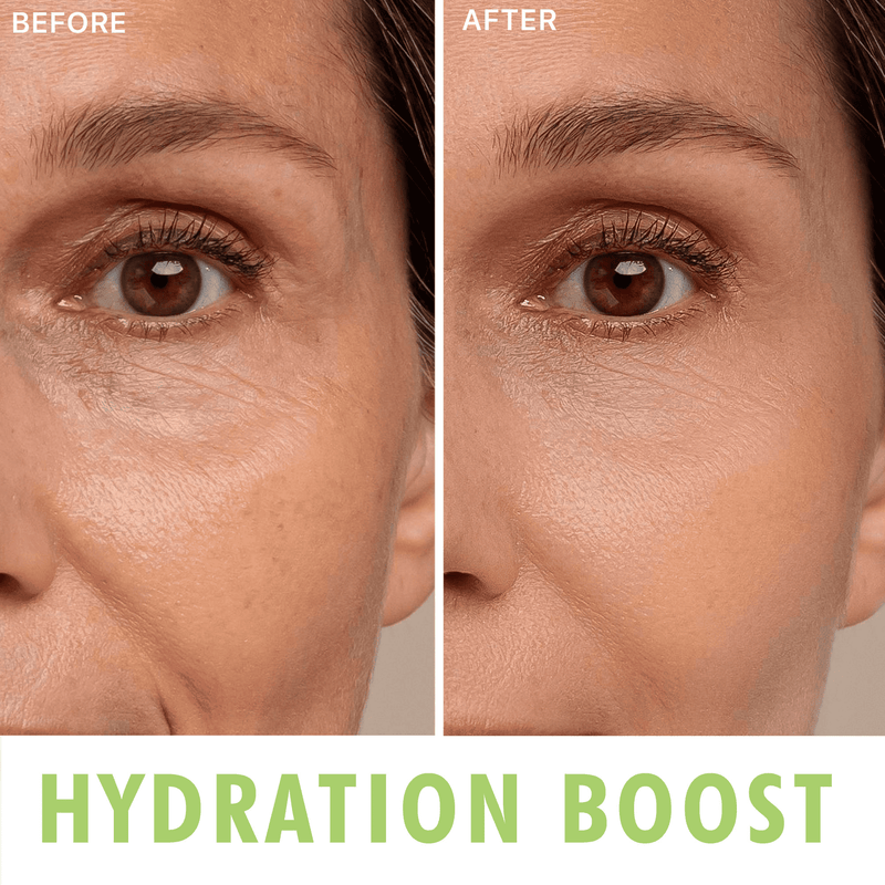 Before and after comparison of a woman's face with hydration boost text.
