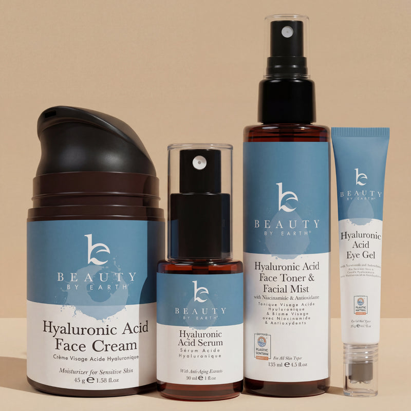 Collection of Beauty by Earth skincare products on a beige background