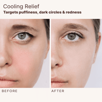 Before and after comparison of a woman's face with text about cooling relief for puffiness, dark circles, and redness.