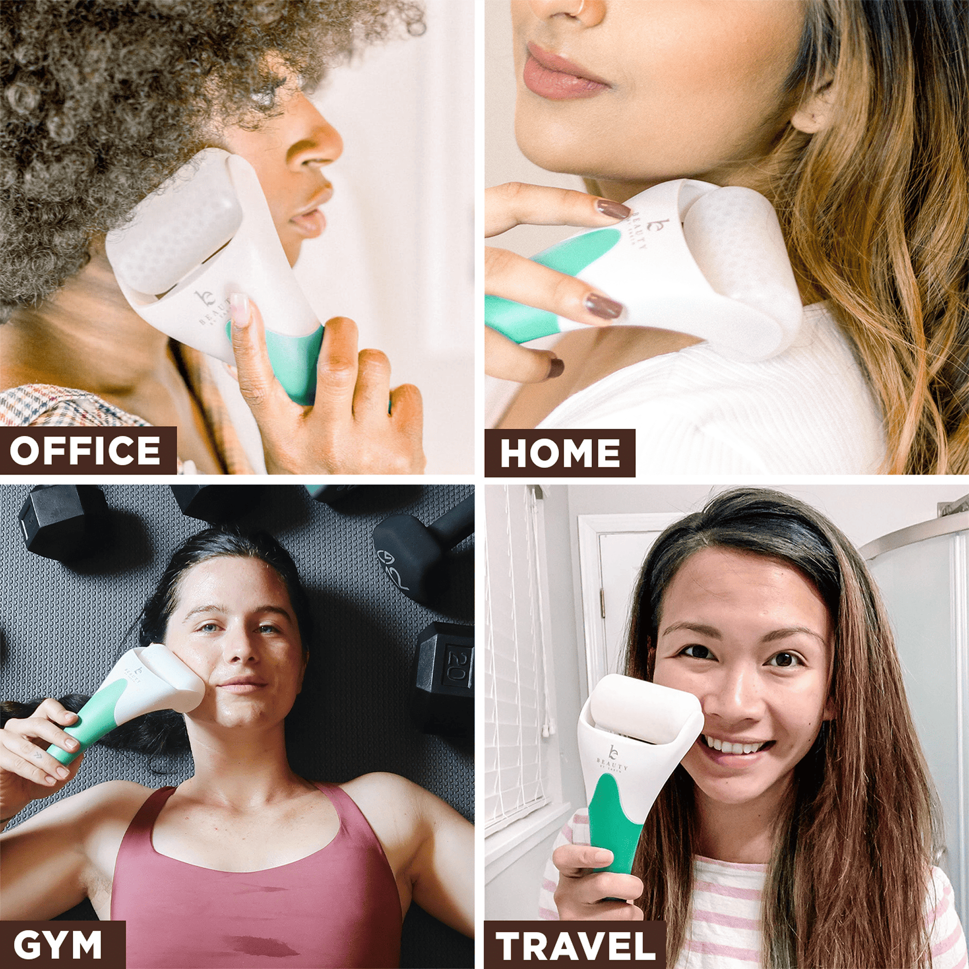 Collage of a woman using a handheld device ice roller  in various settings: office, home, gym, and travel.