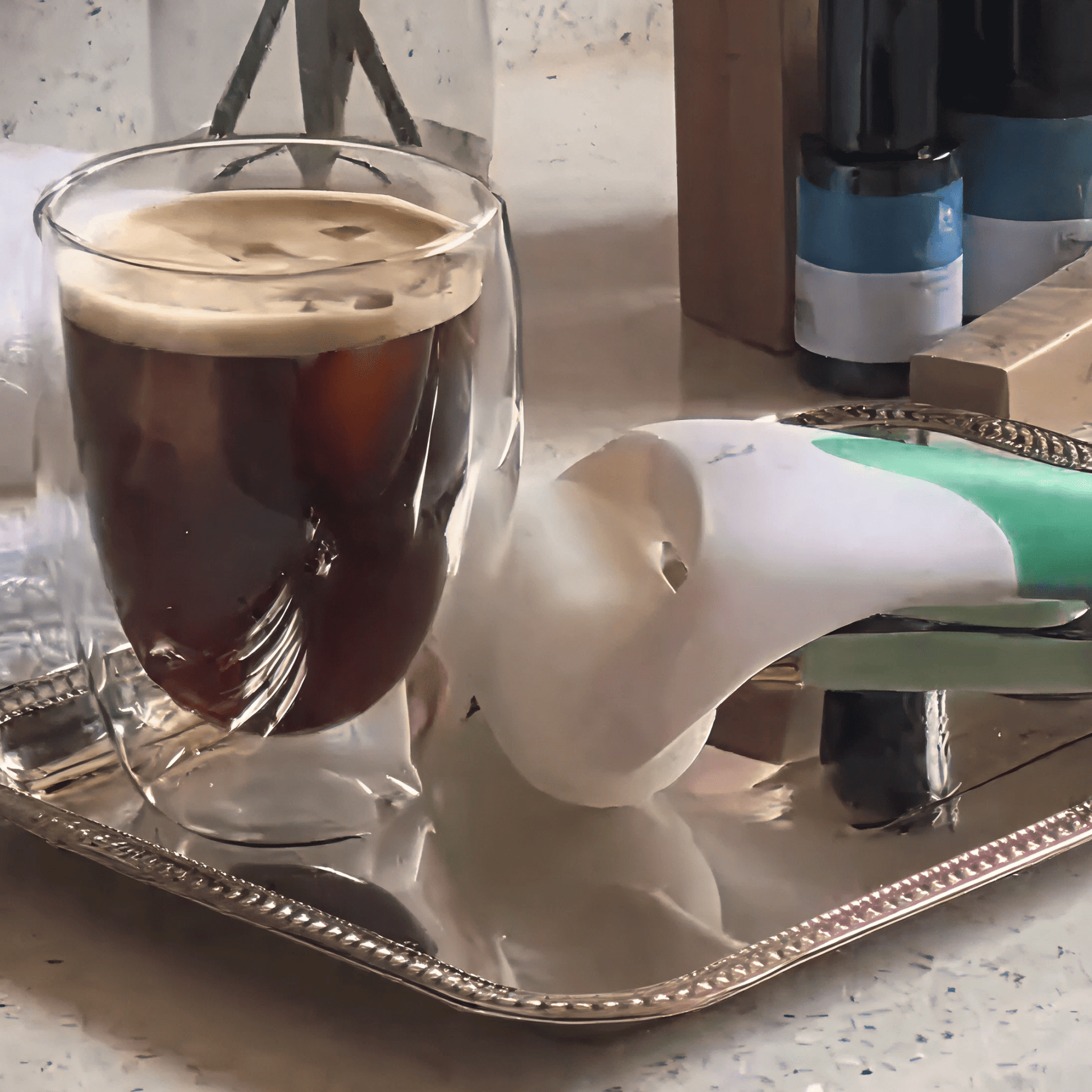 Glass of coffee on a tray with ice roller 