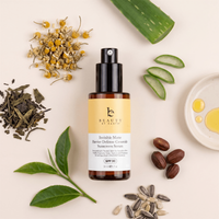 Skincare bottle with natural ingredients on a light background