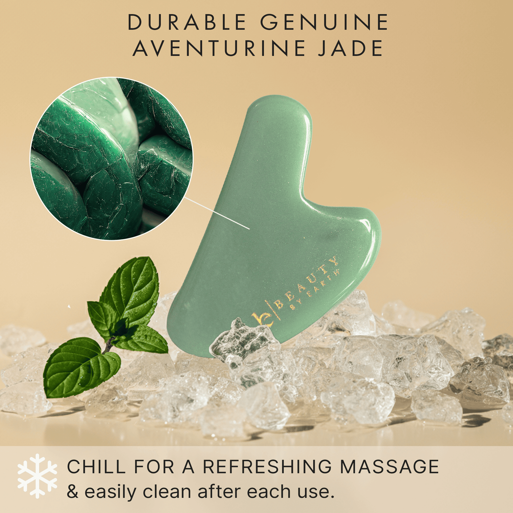 Jade gua sha tool with green leaves and crystals on a beige background, labeled 'Durable Genuine Aventurine Jade'.