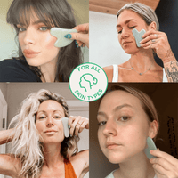 Four women using a skincare tool jade gua sha  on their faces with a 'For All Skin Types' logo in the center.