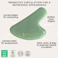 Promotes circulation for a refreshed appearance, jade gua sha Beauty by Earth curved edges for contouring, jawline, nose, fingers, pointed sides for acupressure, back, arms and legs to promote natural circulation