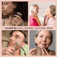 Collage of people using a jade roller with text 'Loved by men, women, and kids alike!' on a pink background.
