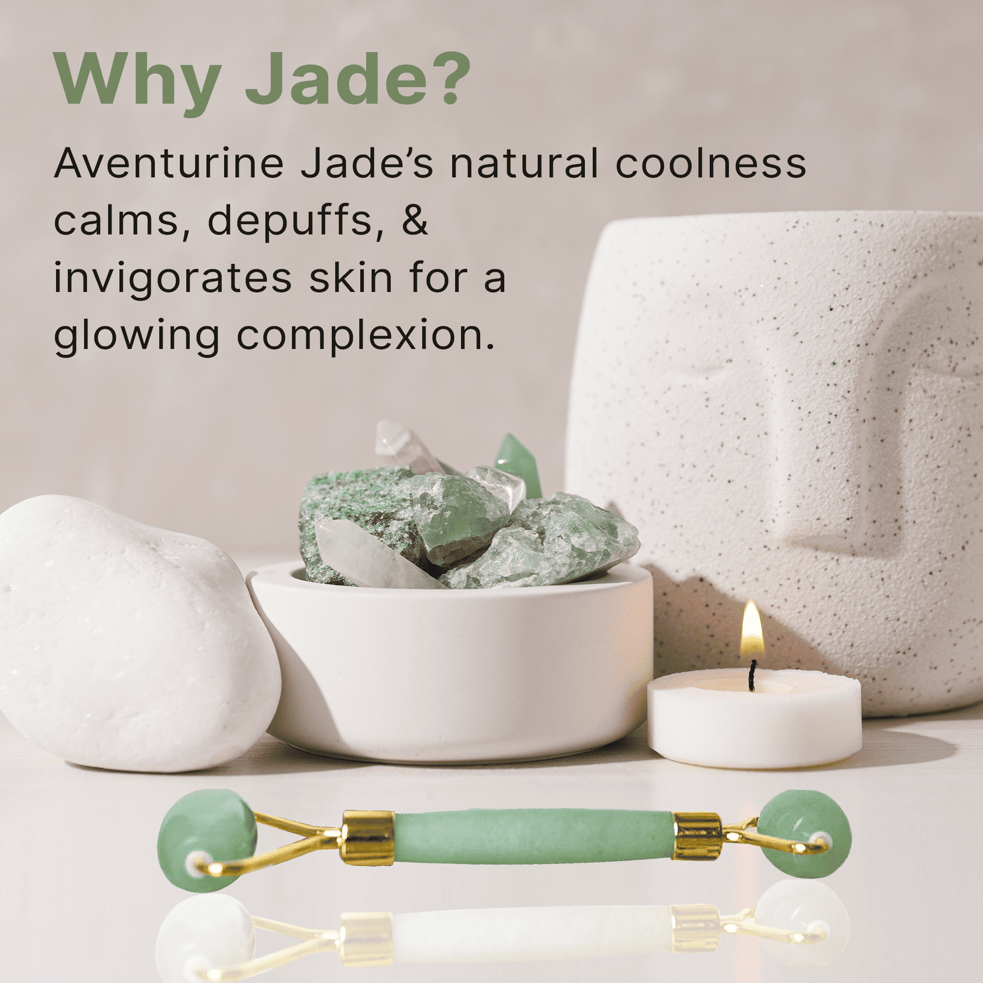 Aventurine Jade roller and stones with a candle on a neutral background, promoting natural skincare benefits.