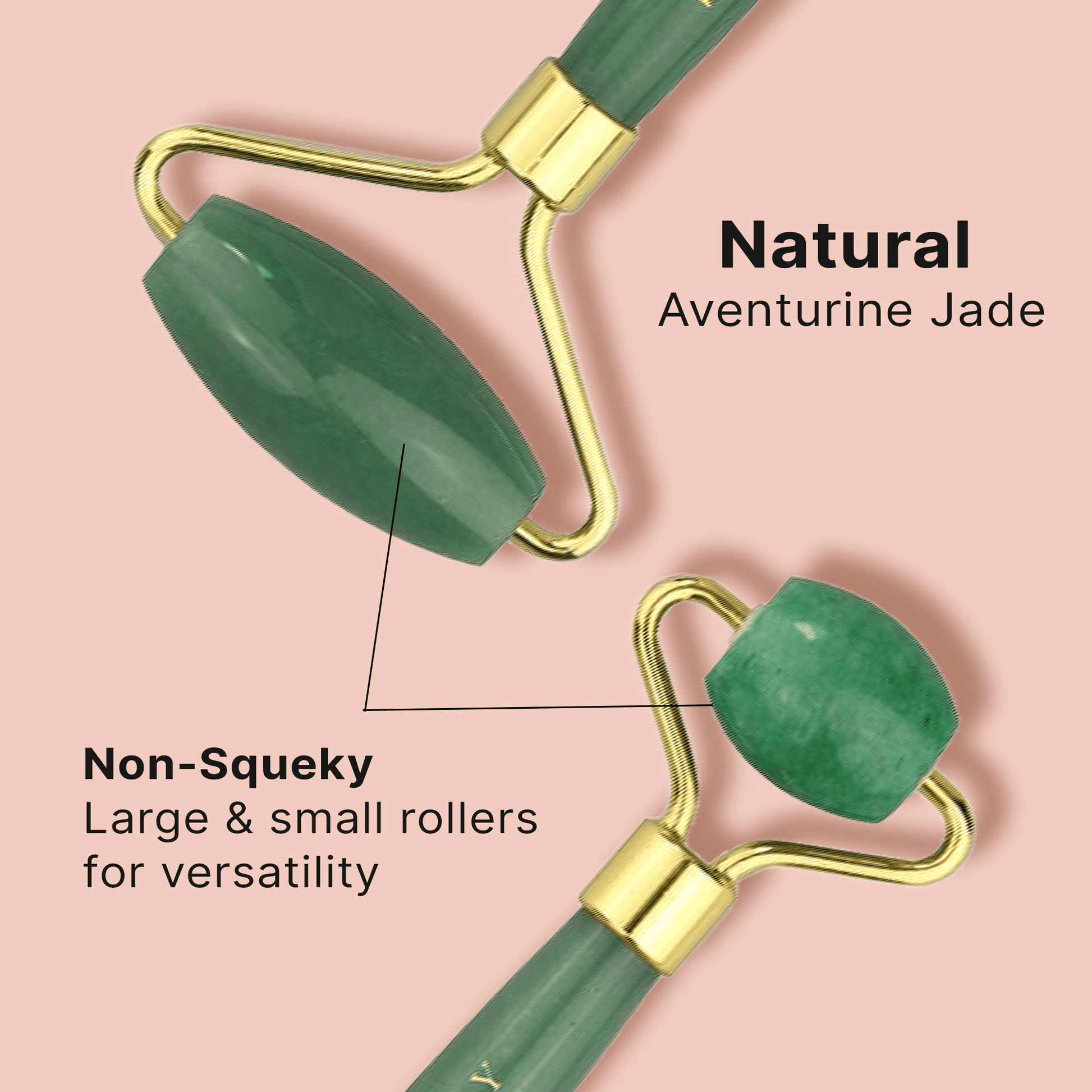 Jade roller with gold handle on a pink background, labeled 'Natural Aventurine Jade' and 'Non-Squeaky'.